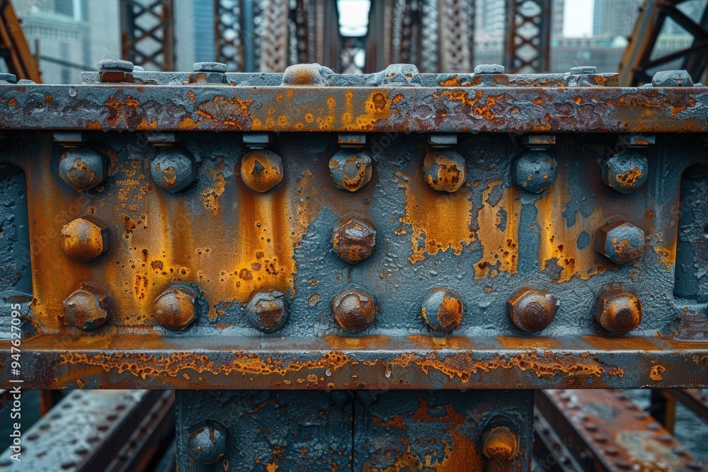 A close-up image of a rusted steel bridge structure. A close-up image of a rusted steel bridge structure.