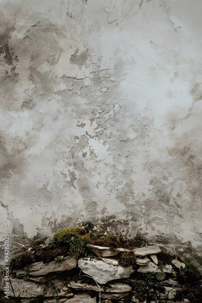 Naklejka premium Old Weathered Concrete Wall with Moss and Stone