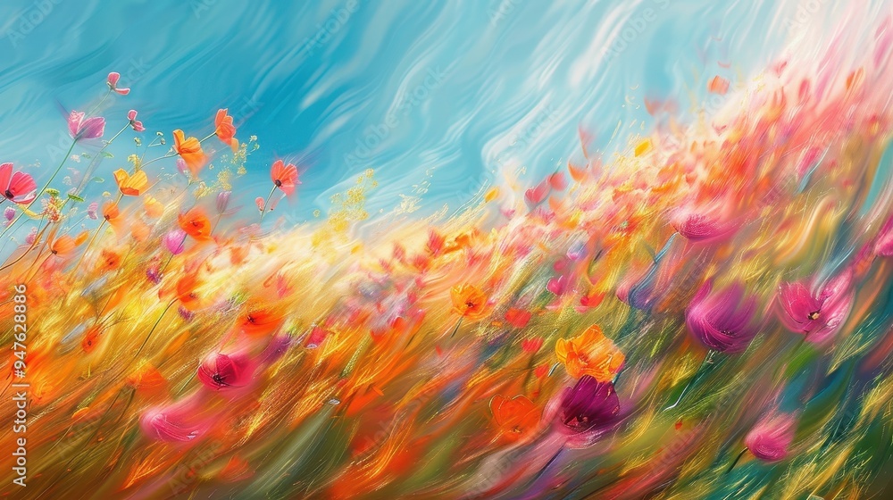 Abstract Painting of Colorful Flowers Swaying in the Wind Abstract Painting of Colorful Flowers Swaying in the Wind