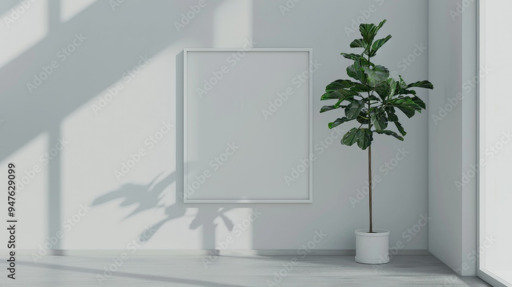 Minimalist living room with a blank wall frame and a single plant Minimalist living room with a blank wall frame and a single plant