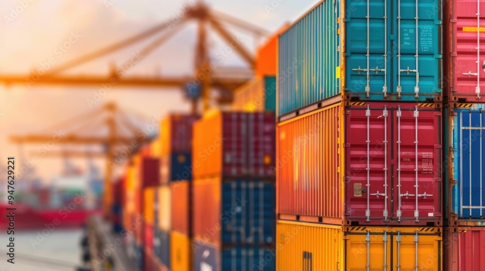 Fototapeta premium Aerial view showcasing the intricate cargo engineering at a thriving seaport terminal Rows of colorful shipping containers towering cranes