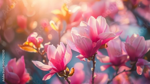 Blooming magnolia tree in spring on pastel bokeh blue sky and pink background, wide composition, internet springtime banner photo