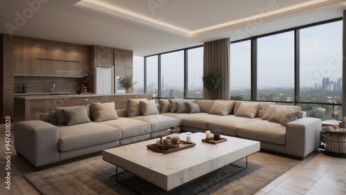 Modern Living Room with City View and Marble Coffee Table