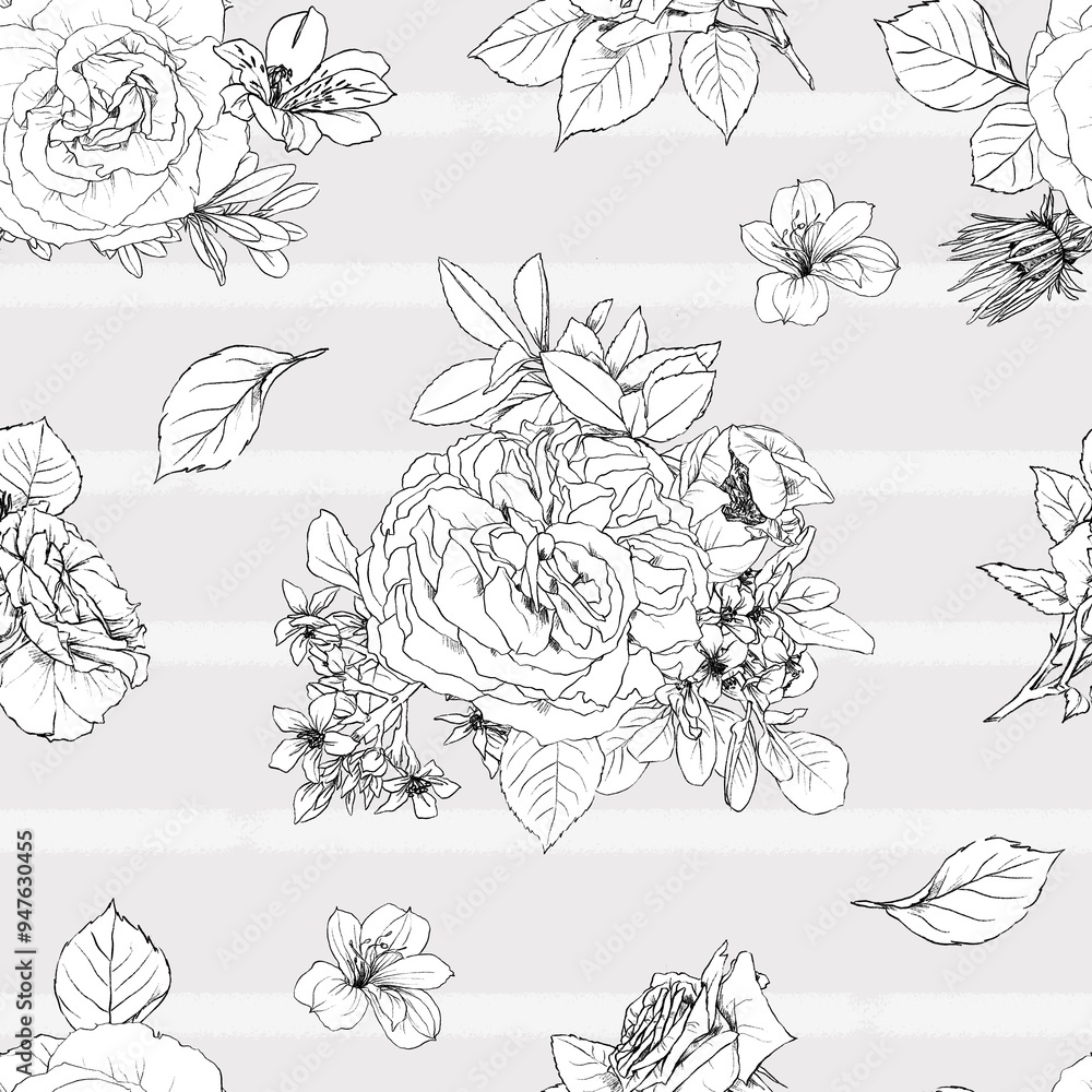 Hand drawn pencil graphic illustration seamless pattern of vintage flowers Hand drawn pencil graphic illustration seamless pattern of vintage flowers