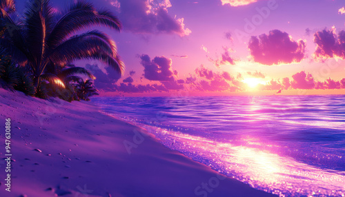 Serene Dusk on a Tropical Beach with a Sky Ablaze with Colors, a Peaceful and Tranquil Sunset on a Pristine Shore, Capturing the Beauty of Nature's Palette