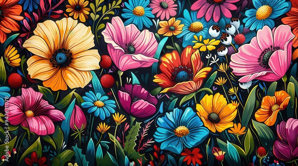 Vibrant Floral Pattern with Yellow, Blue, Pink and Red Flowers Vibrant Floral Pattern with Yellow, Blue, Pink and Red Flowers