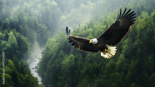 10. A majestic bald eagle soaring high above a dense forest with a river winding through the landscape below