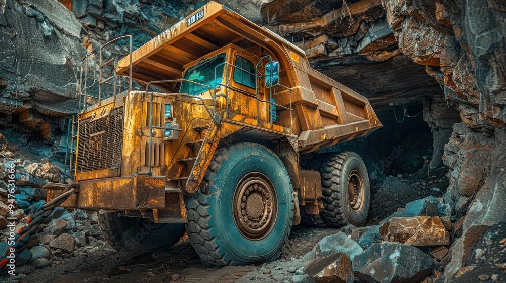Fototapeta premium Heavy Duty Mining Truck Entering Cave