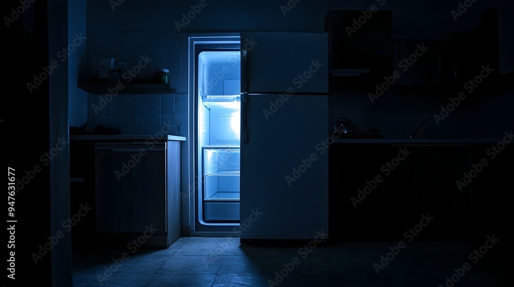 Glowing Refrigerator in the Dark Domestic Kitchen Scene Glowing Refrigerator in the Dark Domestic Kitchen Scene
