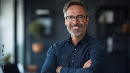 A smiling mid-aged businessman executive standing confidently in an office, showcasing his maturity and professionalism as a successful manager and investor, looking directly at the camera in a portra photo