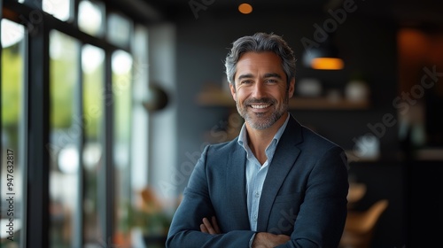 A smiling mid-aged businessman executive standing confidently in an office, showcasing his maturity and professionalism as a successful manager and investor, looking directly at the camera in a portra photo