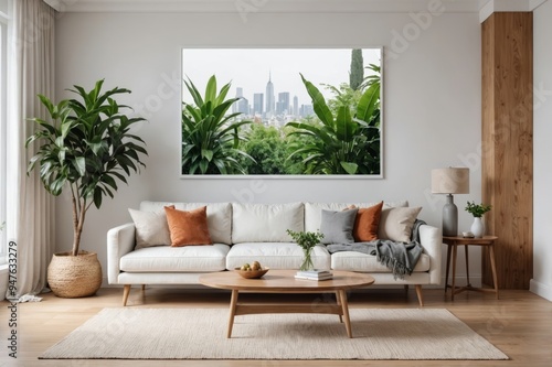 Urban jungle in bright living room interior with white couch with knot pillow and wooden furniture, copy space on empty wall