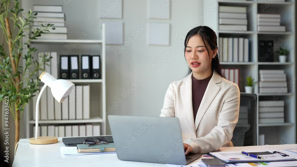Beautiful business Asian woman working with laptop computer at desk small business owner online freelance worker Online marketing concepts, accounting, e-commerce. Beautiful business Asian woman working with laptop computer at desk small business owner online freelance worker Online marketing concepts, accounting, e-commerce.