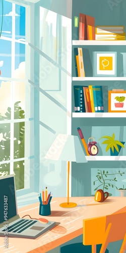 Wallpaper Mural Home Office Desk with Laptop, Books, and Plants Torontodigital.ca