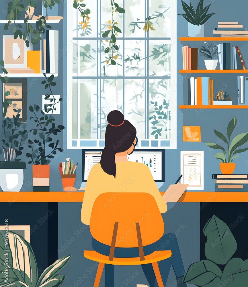 Fototapeta premium Woman Working At Her Desk In Home Office With Plants