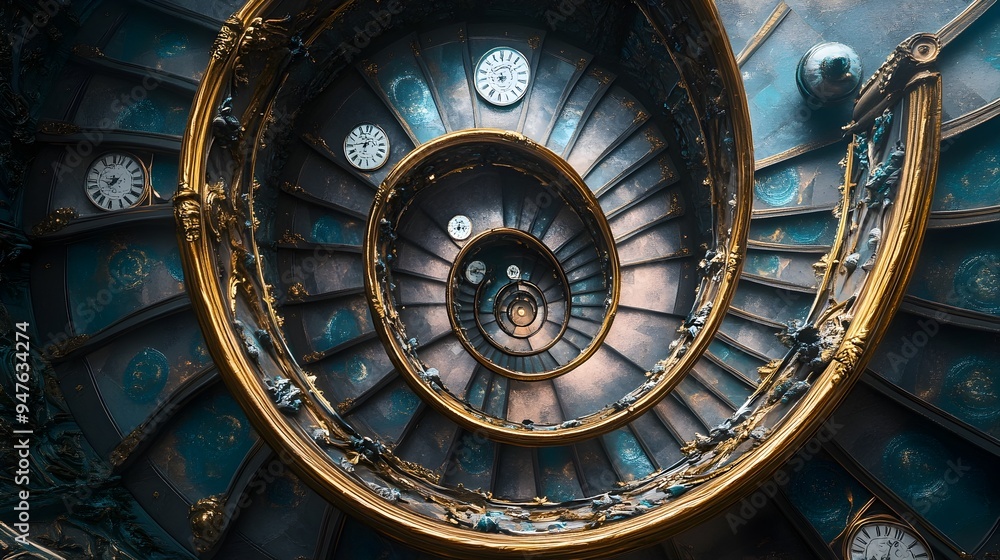 Obraz premium Perpetual Spiral Staircase with Embedded Clocks Representing Infinite Time and Design