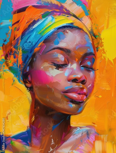 Vibrant Portrait of a Woman with Colorful Headscarf. Abstract Artistic Painting of a Woman in Bold Colors