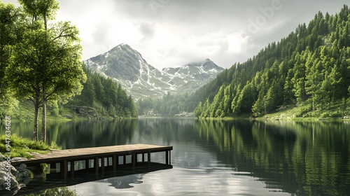 37. "A picturesque 3D model of a serene mountain lake with a wooden pier and surrounding forest