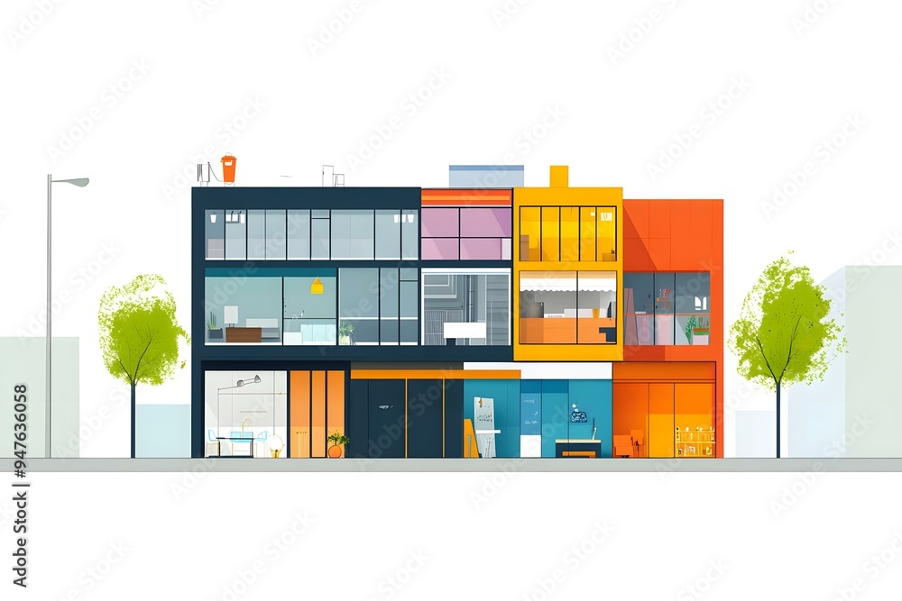 Fototapeta premium Modern Building with Colorful Windows and Interior Design