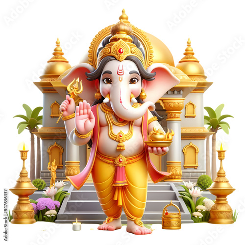 3d vector ganesh for ganesh chaturthi with temple background