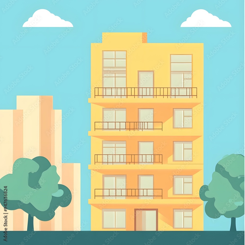 Yellow Building with Balconies Illustration Yellow Building with Balconies Illustration