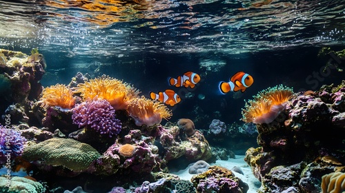 55. A vibrant coral reef with diverse marine life including clownfish, sea anemones, and colorful corals in crystal-clear water photo