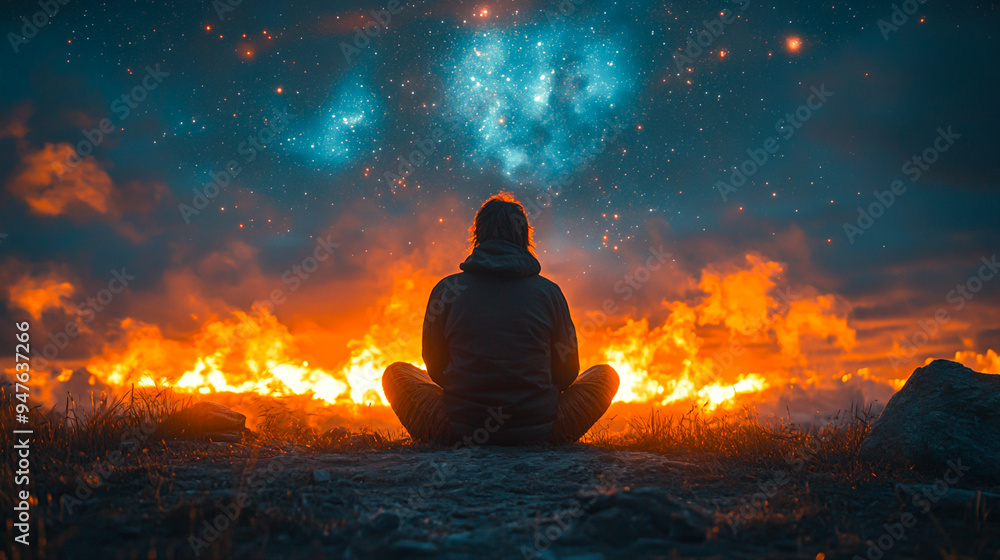 Mystical Shamanic Ritual with Drums and Fire under Starry Sky with Auroras Mystical Shamanic Ritual with Drums and Fire under Starry Sky with Auroras