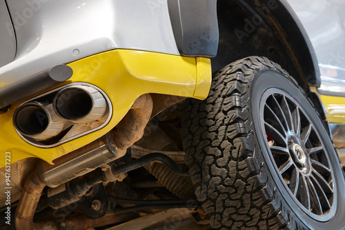 All terrain car wheel detail. Off road driving. Transport photo