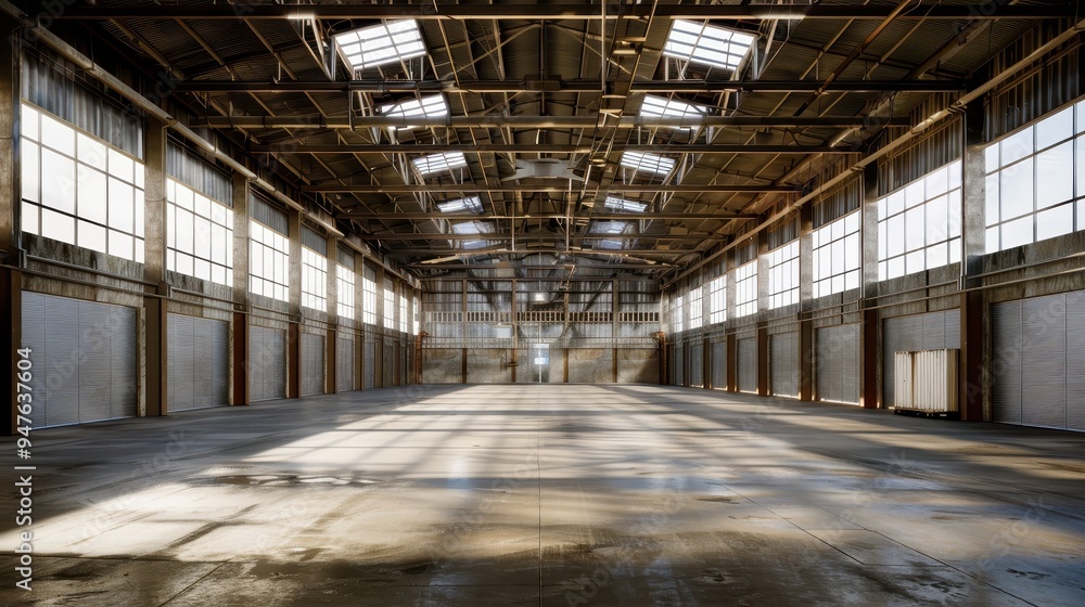 Empty Industrial Warehouse with Sunbeams Streaming Through Skylights Empty Industrial Warehouse with Sunbeams Streaming Through Skylights
