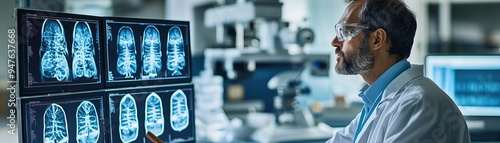 Lab scientist reviewing detailed Xrays on digital screens, with a background of hightech equipment, conveying precision and scientific rigor photo