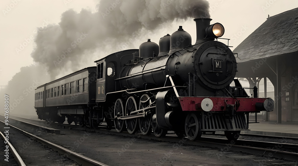 Naklejka premium Steam Locomotive Exiting a Train Station with Smoke