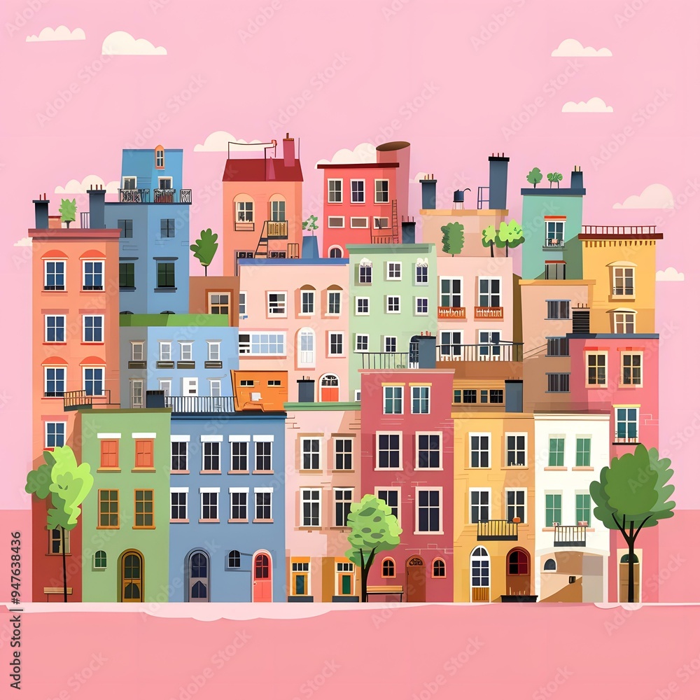 Colorful Cityscape Illustration with Row Houses and Pink Sky Colorful Cityscape Illustration with Row Houses and Pink Sky