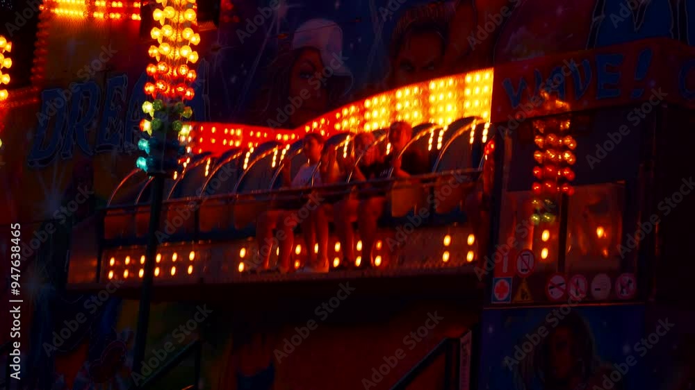 A vibrant amusement ride adorned with glowing lights against the night sky. Luna Park. Bright green lights dance above a spinning carousel at the amusement park. Extreme carousel spins A vibrant amusement ride adorned with glowing lights against the night sky. Luna Park. Bright green lights dance above a spinning carousel at the amusement park. Extreme carousel spins