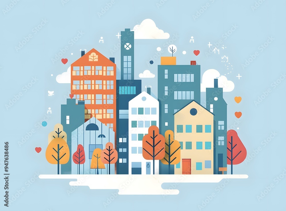 Simple Cityscape Illustration with Buildings and Trees Simple Cityscape Illustration with Buildings and Trees