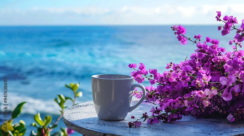 A beverage mug on a table adorned by purple blossoms with the ocean as the backdrop