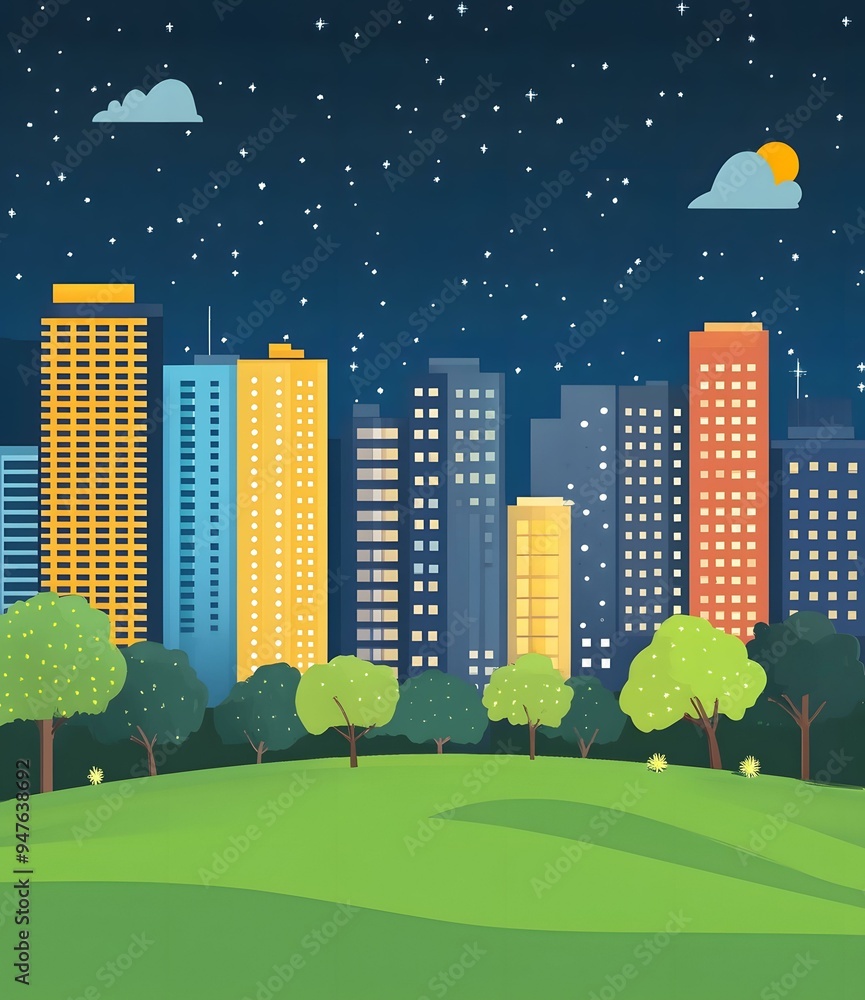 Fototapeta premium Night Cityscape with Skyscrapers and Stars