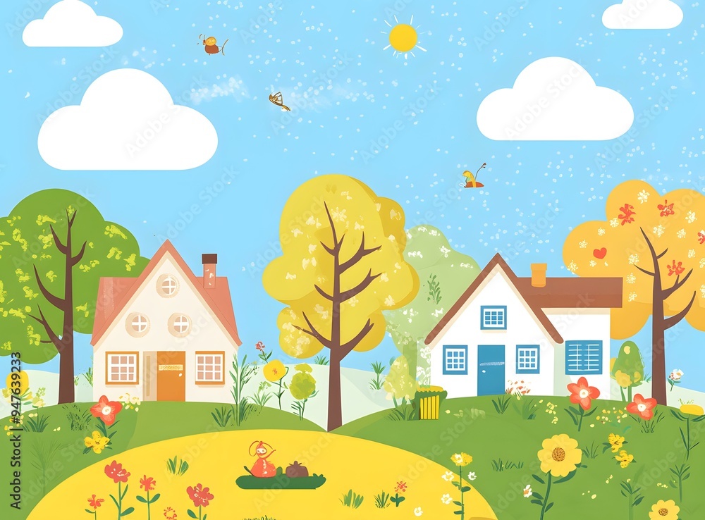 Colorful Illustration Of Houses And Trees Colorful Illustration Of Houses And Trees