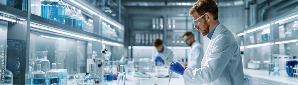A man in a lab coat is working with a machine that has a blue light on it A man in a lab coat is working with a machine that has a blue light on it