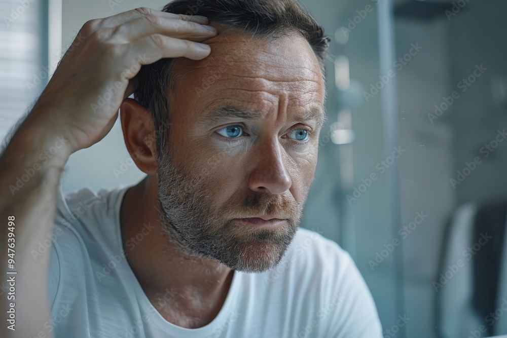 Obraz premium A man with a bald head is looking at himself in the mirror