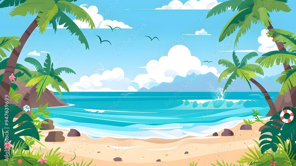 Obraz premium Tropical Beach Illustration with Palm Trees and Ocean