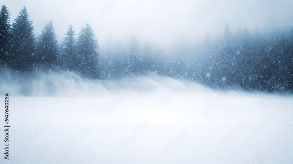 A snowy landscape with trees and a lake
