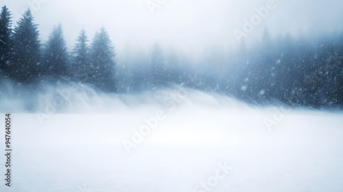 A snowy landscape with trees and a lake