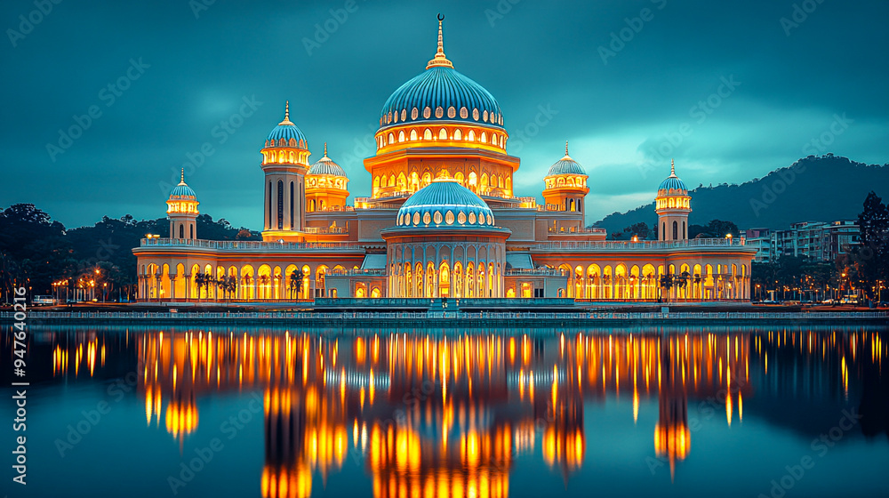 Obraz premium Illuminated Symmetrical Mosque with Glowing Dome Against Night Sky