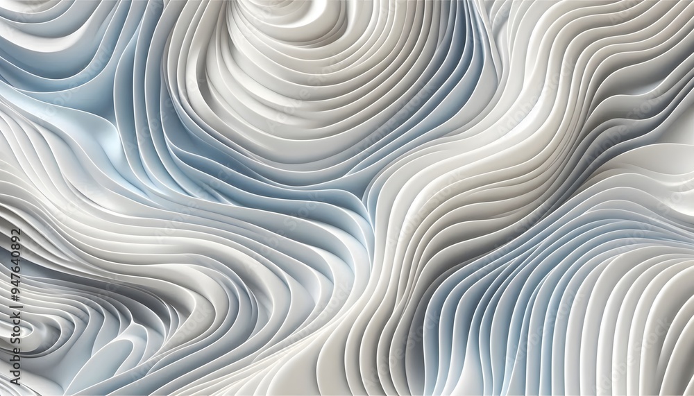 Abstract blue and white wave, curve patterns flowing through a soft landscape background with gentle light. Abstract blue and white wave, curve patterns flowing through a soft landscape background with gentle light.
