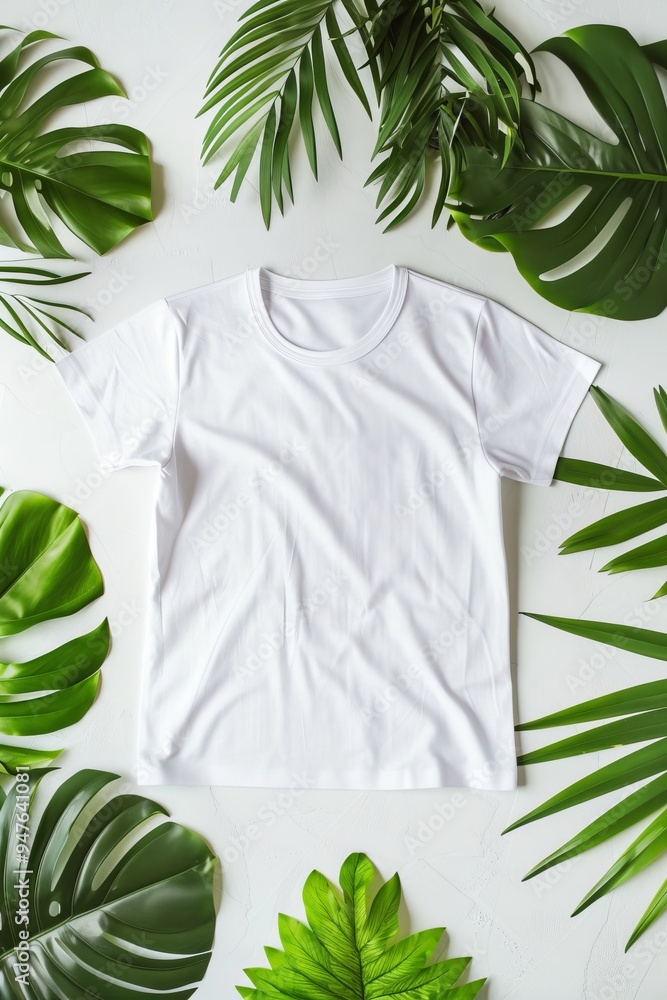 White classic t-shirt mock up with a green tropical leaves around it. AI generative White classic t-shirt mock up with a green tropical leaves around it. AI generative