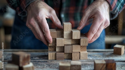 close-up of hands cafefully staking wooden blocks on top of each other photo