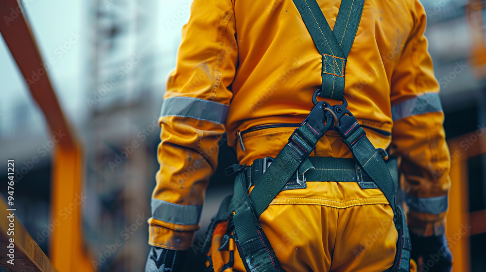 A construction worker wearing a safety harness and gear at a construction site. A construction worker wearing a safety harness and gear at a construction site.