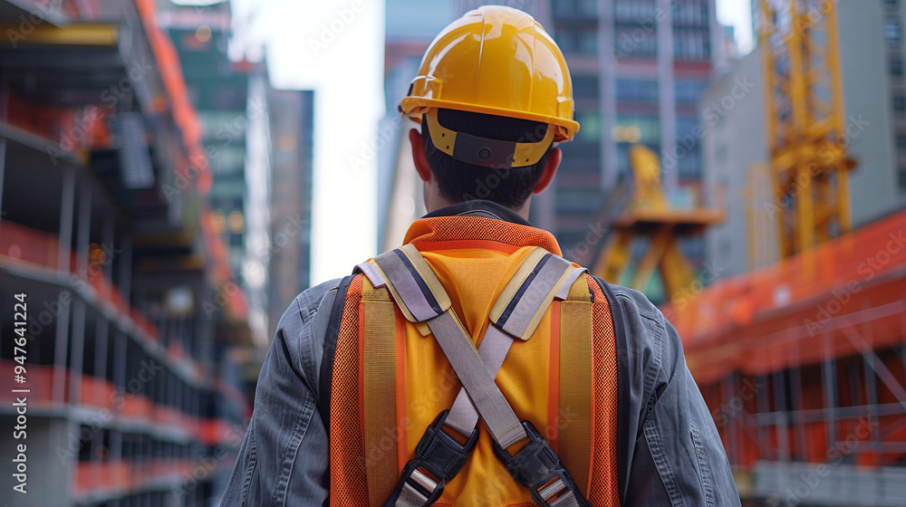 A construction worker wearing a safety harness and gear at a construction site. A construction worker wearing a safety harness and gear at a construction site.