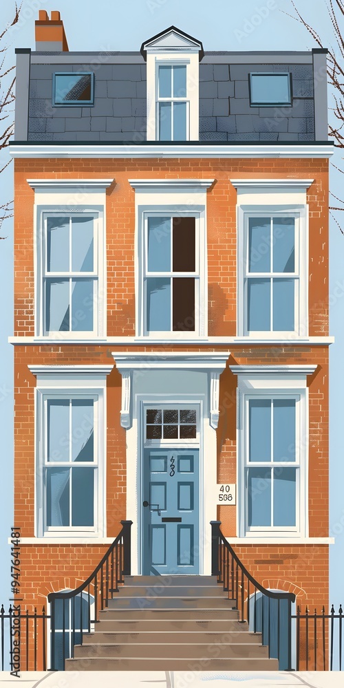 Obraz premium Illustration of a Brick House with Blue Door and Steps