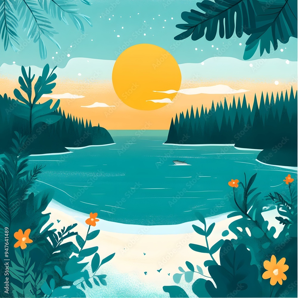 Summer Sunset over the Ocean with Lush Green Trees and a Sandy Beach Summer Sunset over the Ocean with Lush Green Trees and a Sandy Beach
